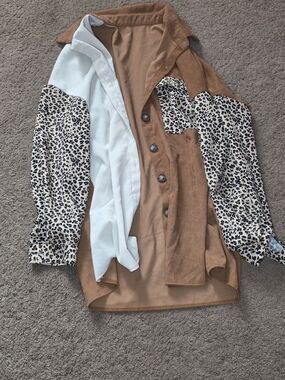 SHEIN Tan Button-Up Shacket with Leopard Print Sleeves